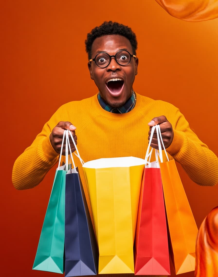 Excited man holding colorful shopping bags